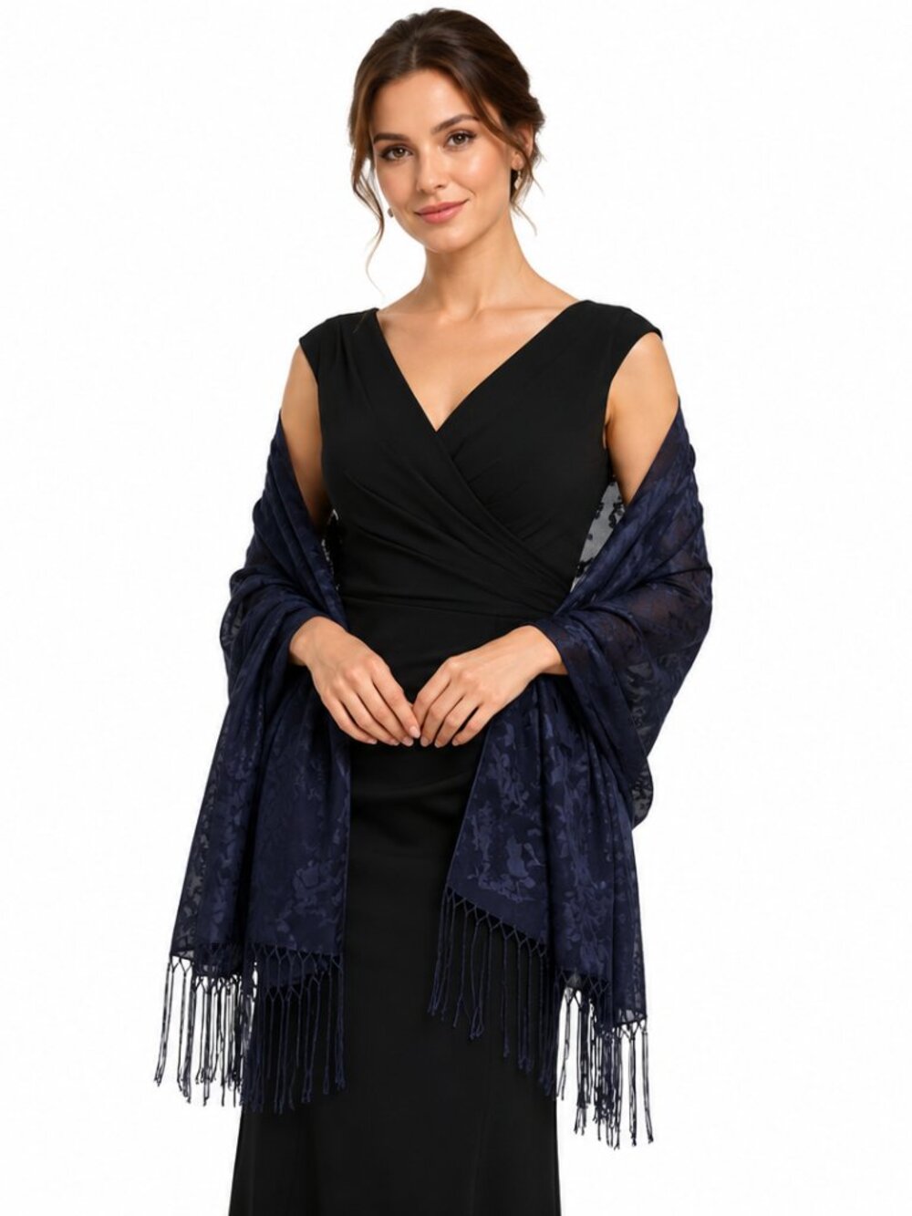 Unbranded Navy Blue Silk Fringed Scarf